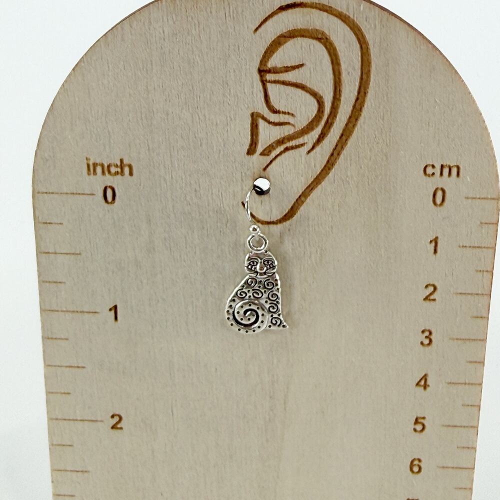 Silver Cat Dangle Earrings Swirl Pattern Whimsica… - image 3